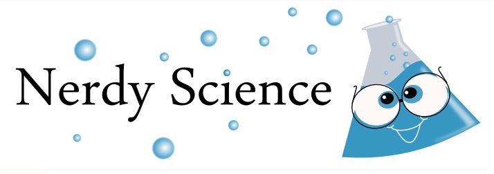 Nerdy Science Logo, tipping science flask with bubbles and nerdy glasses